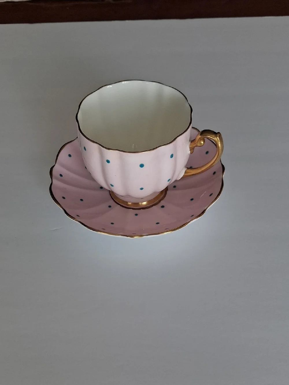Pink Polka Dot Porcelain Teacup & Saucer with Gold Trim - Picture 1 of 3